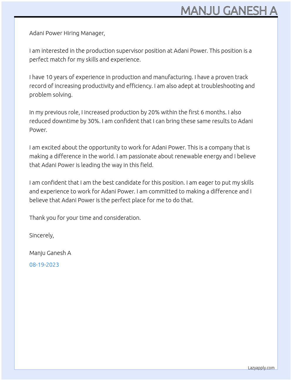 production supervisor At Adani power Cover Letter