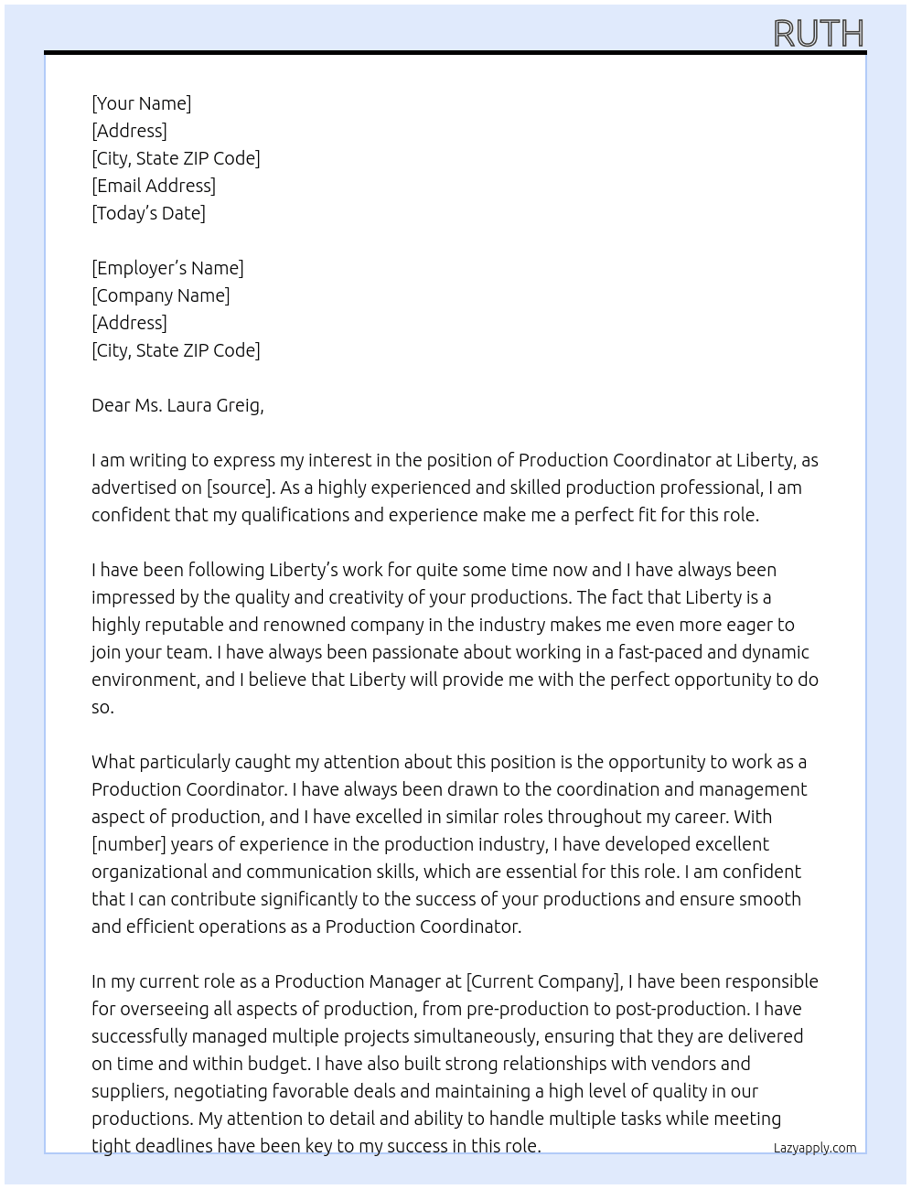 production coordinator At Liberty Cover Letter