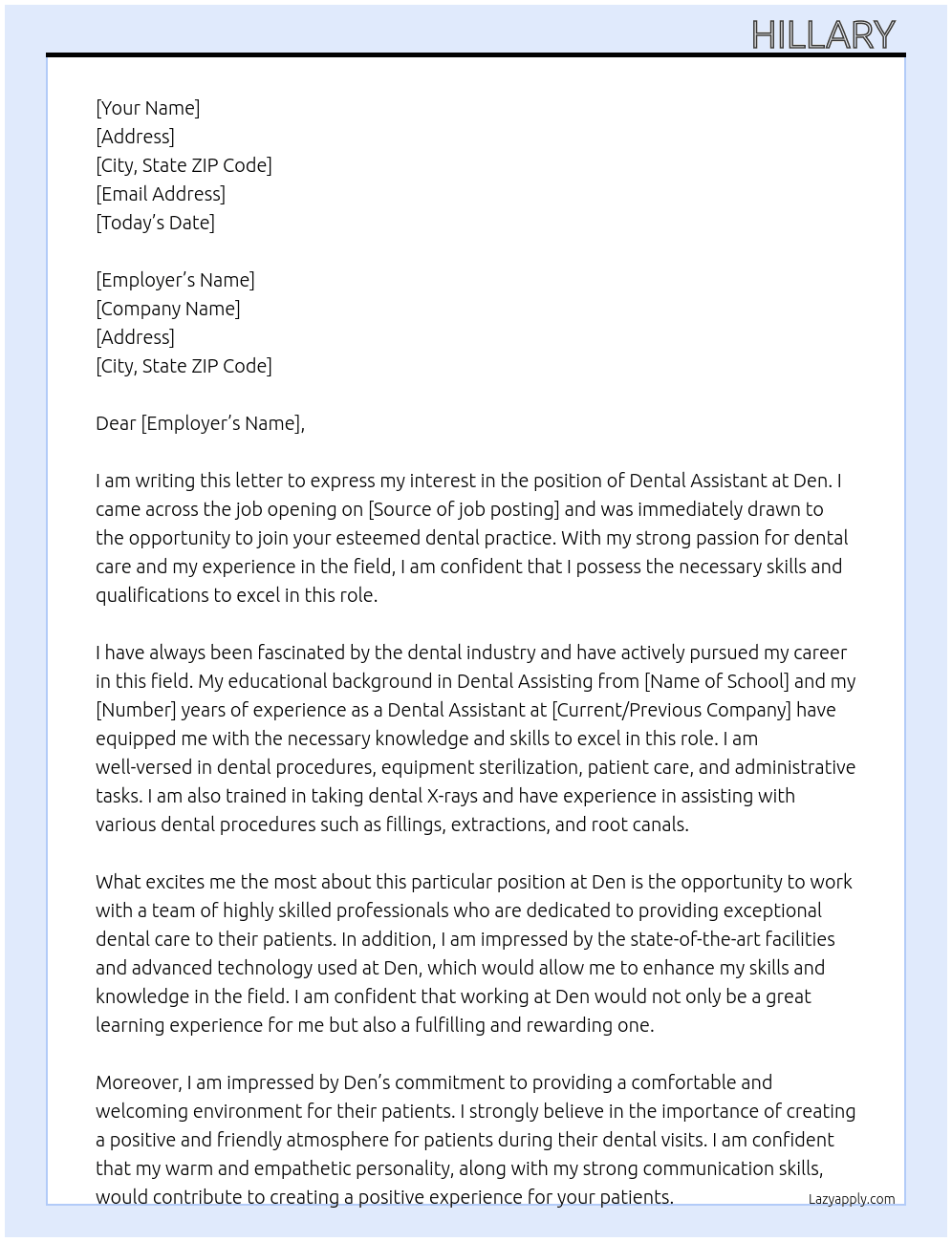 Dental assistant At Den Cover Letter