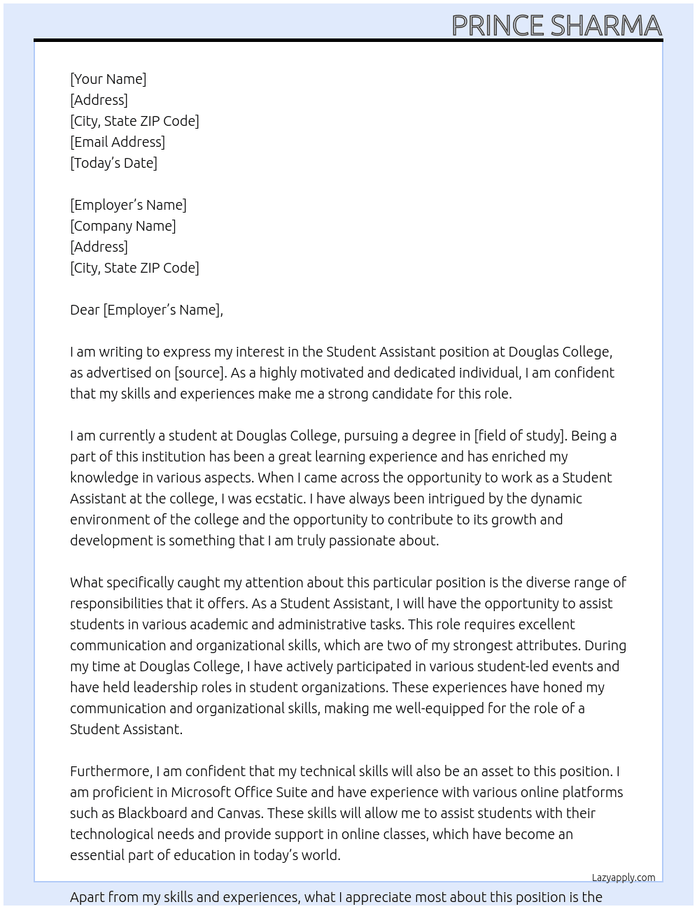 student assistant At douglas college Cover Letter