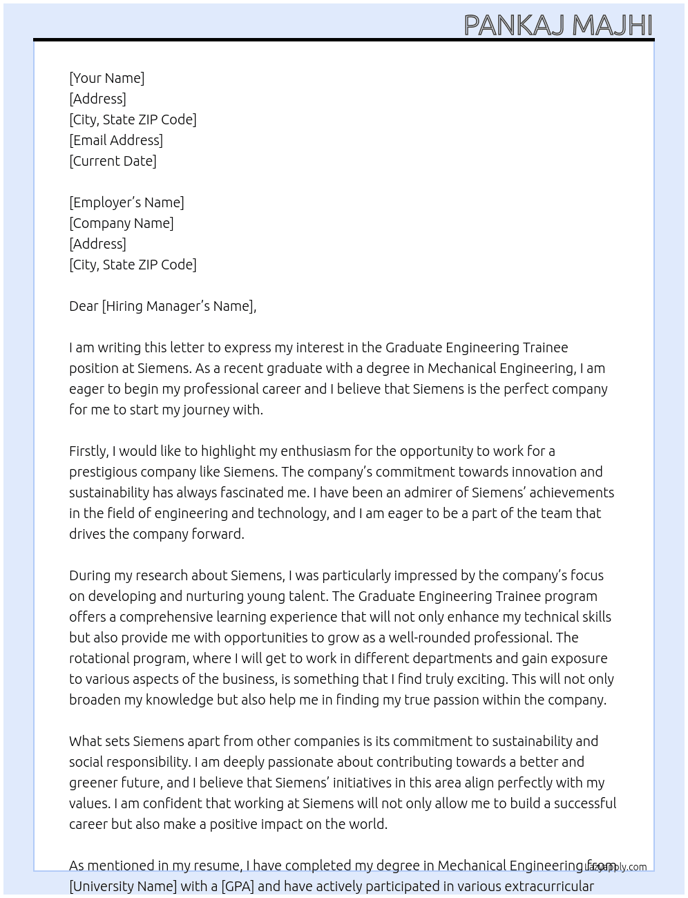 GRADUATE ENGINEERING TRAINEE  At SIEMENS Cover Letter