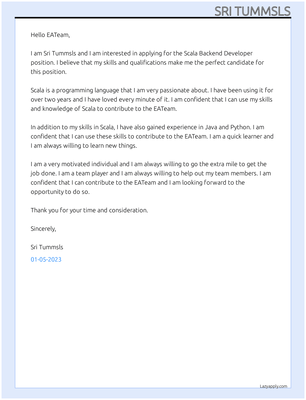 Cover letter for scala backend developer - LazyApply