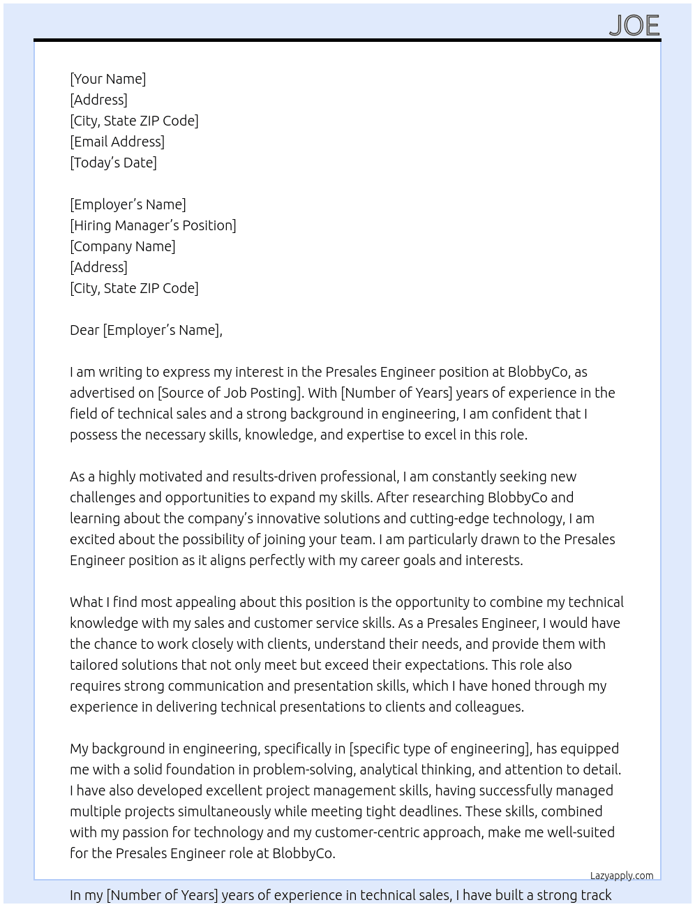 Cover letter for presales engineer - LazyApply