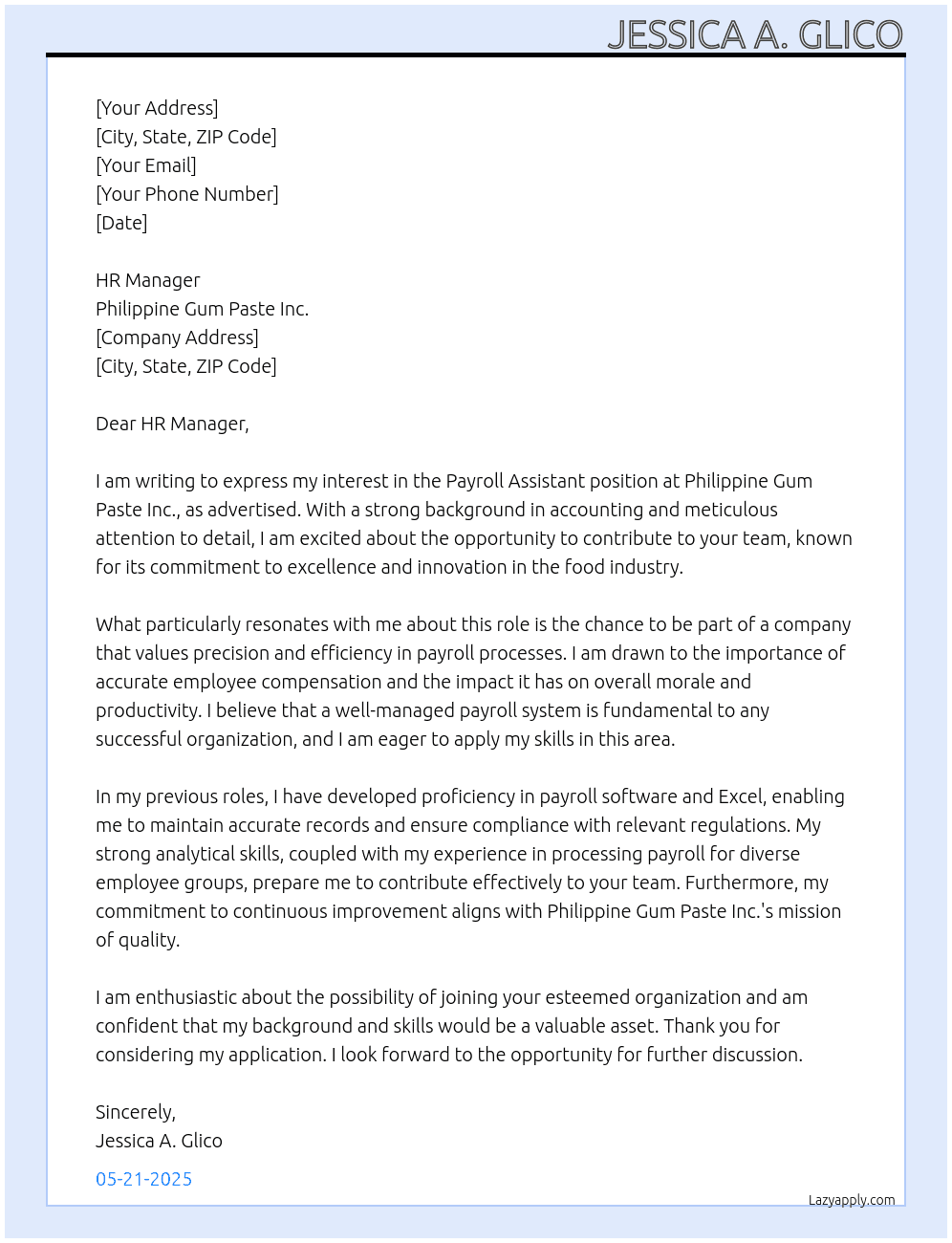 Payroll Assistant  At Philippine Gum Paste Inc. Cover Letter