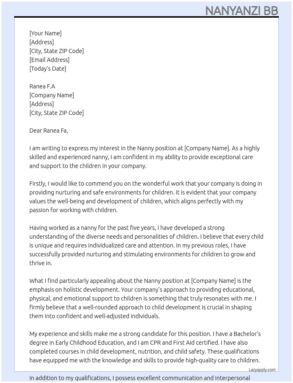 Nanny At  Ranea F.A Cover Letter
