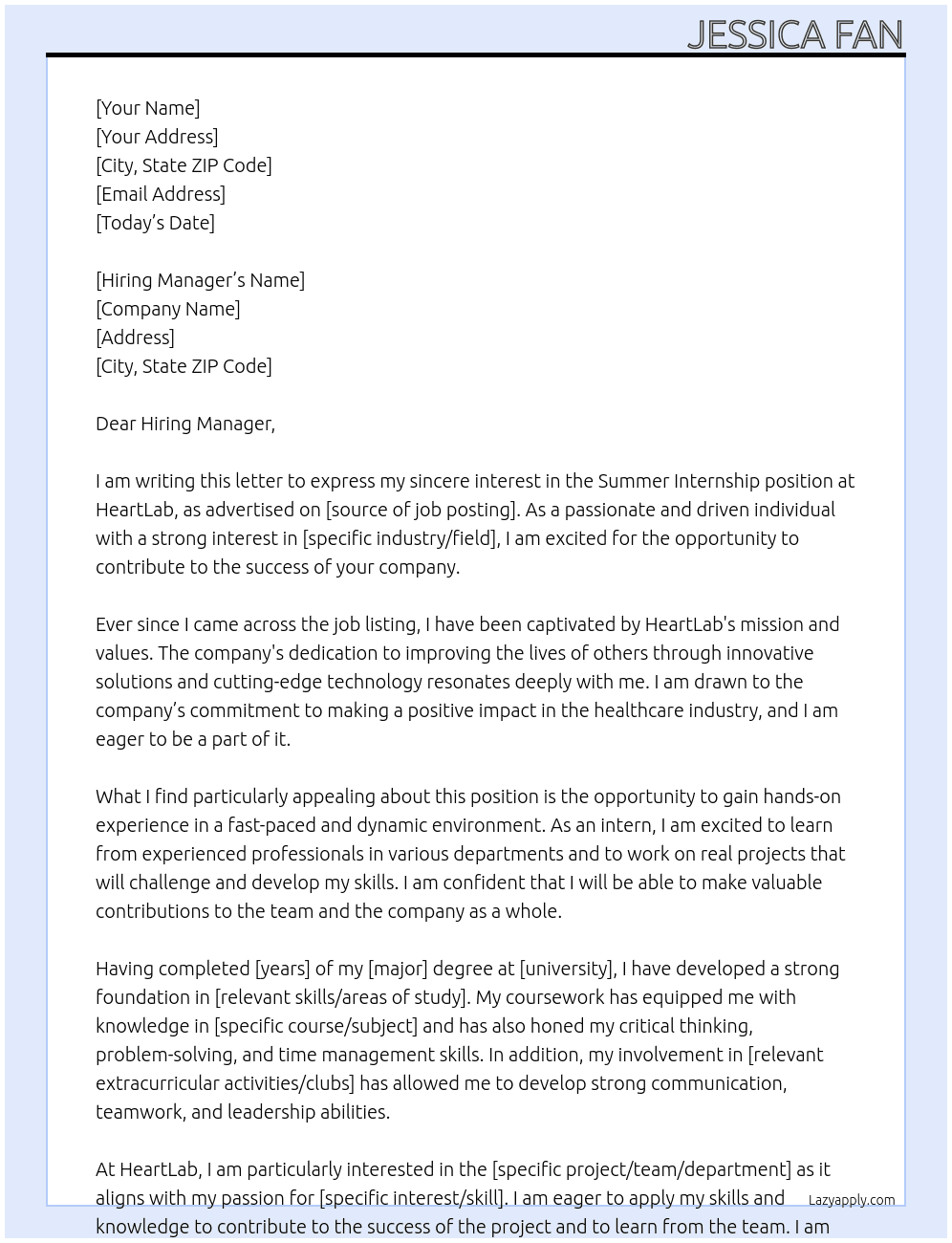 Summer Internship At HeartLab Cover Letter