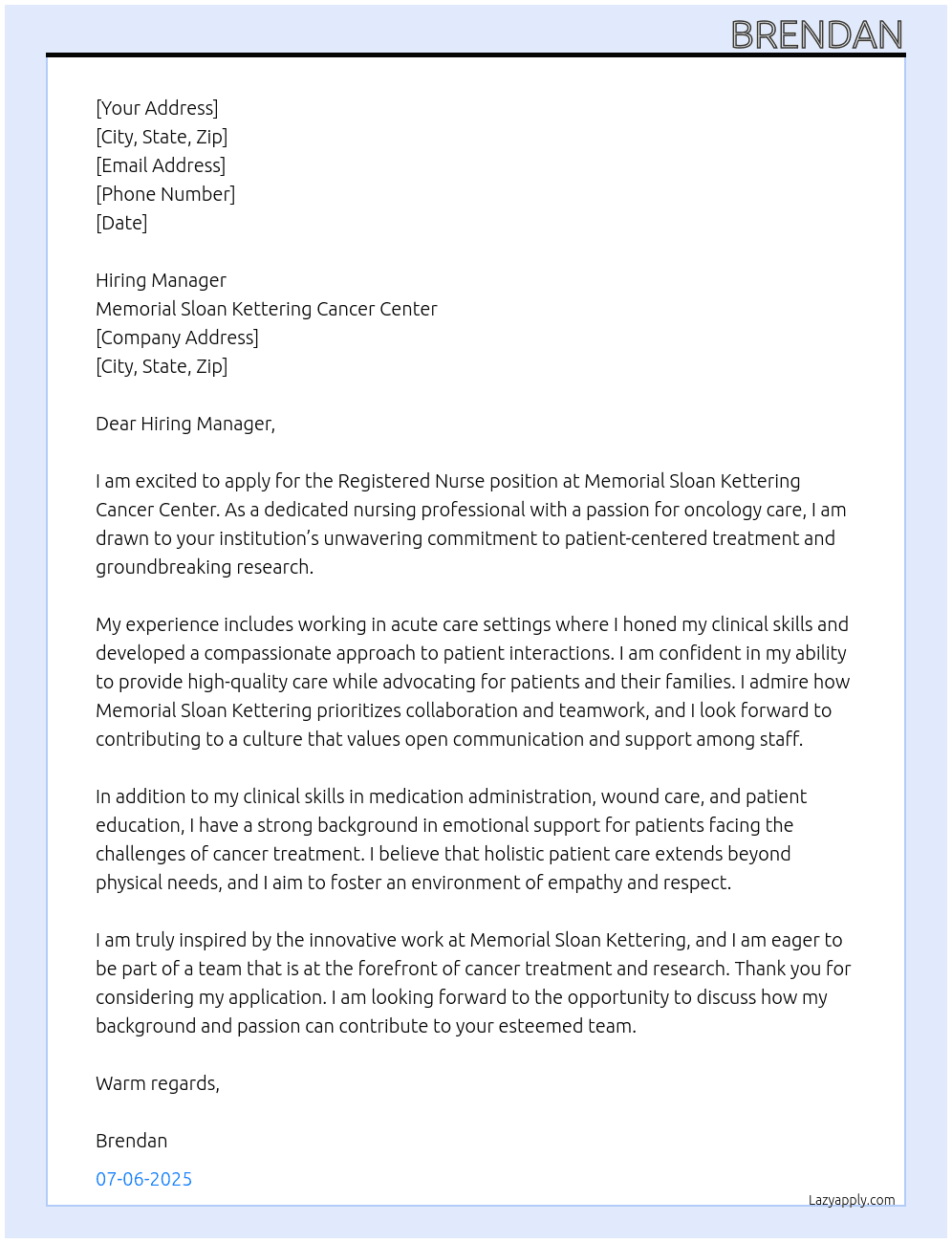 Registered nurse At memorial sloan kettering cancer center Cover Letter