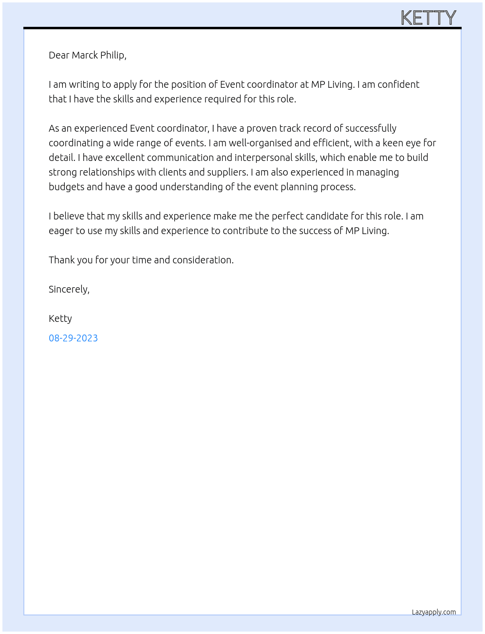 Event coordinator  At MP Living Cover Letter