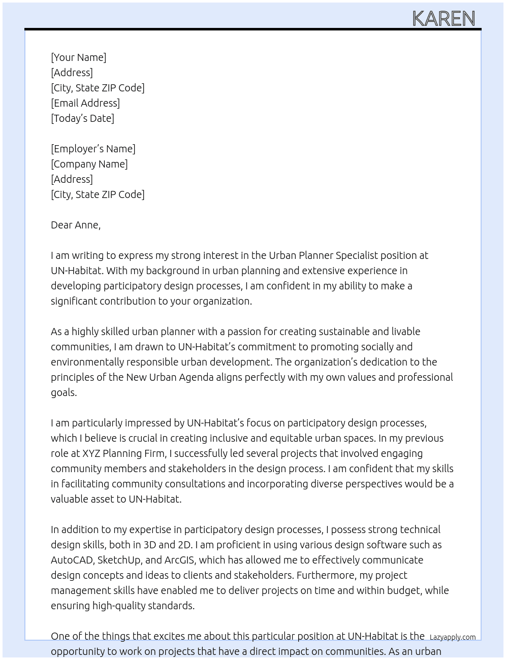 Urban Planner Specialist At UN-Habitat  Cover Letter
