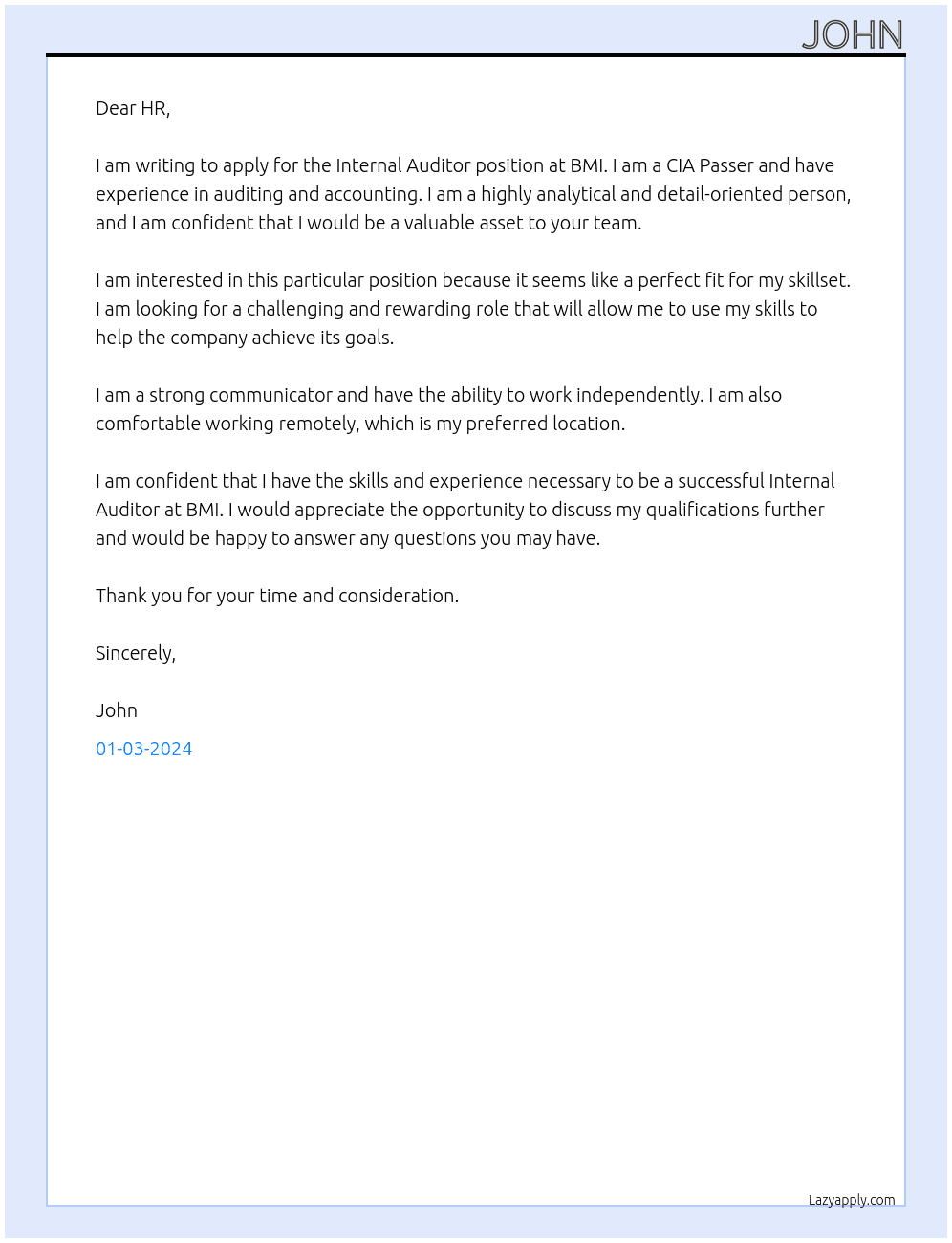 Internal Auditor At BMI Cover Letter