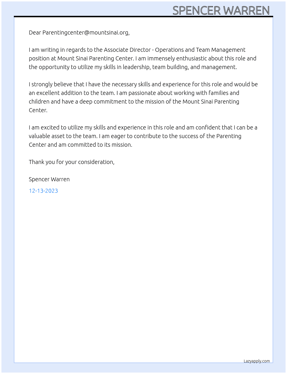 Associate Director - Operations and Team Management At Mount Sinai Parenting Center Cover Letter