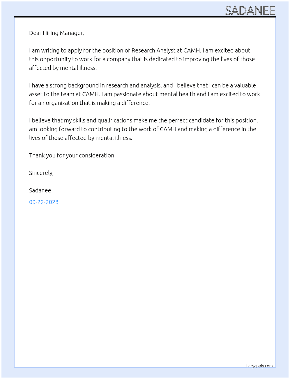 research analyst At CAMH Cover Letter