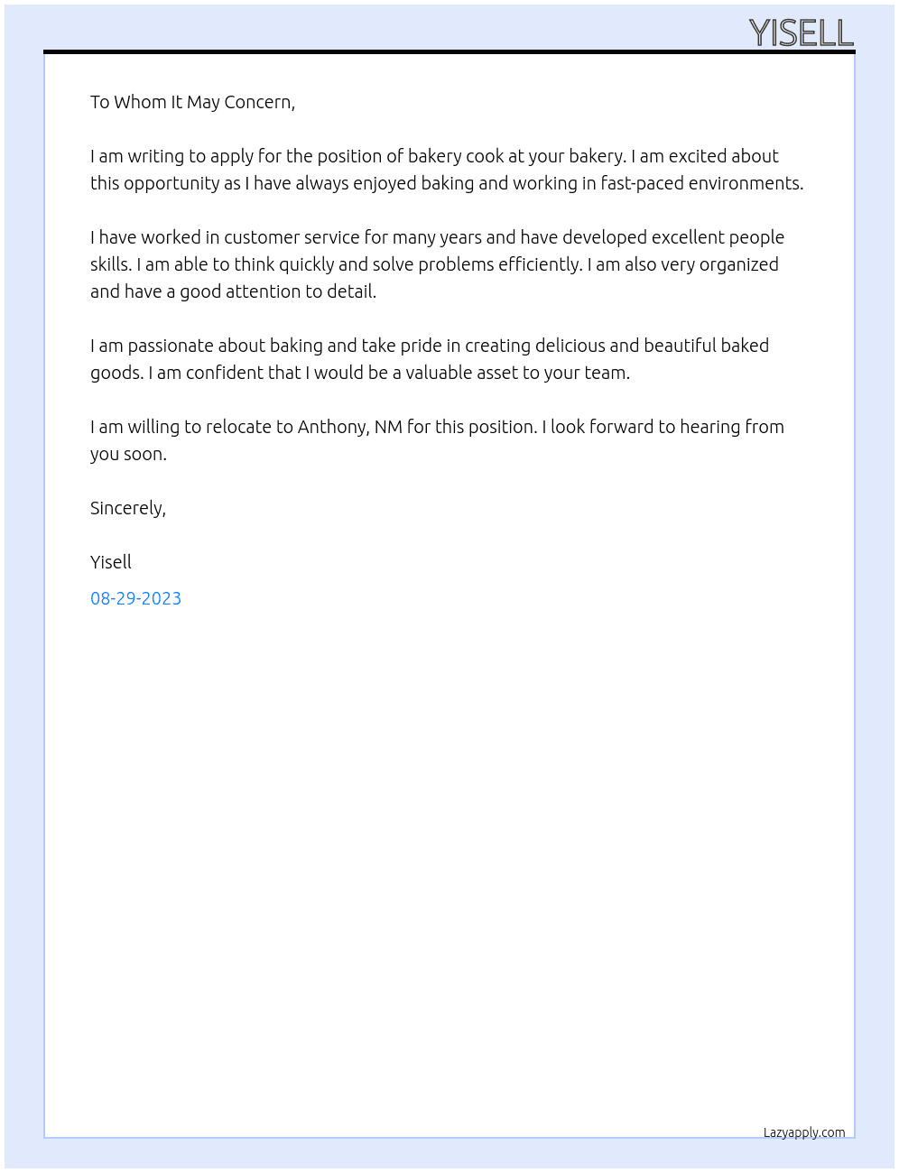 bakery At bakery Cover Letter