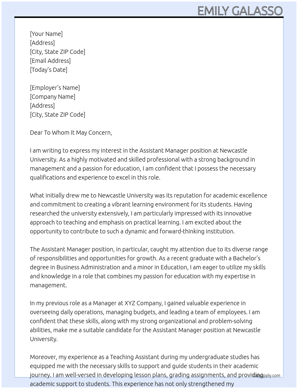 Assistant Manager At Newcastle University Cover Letter
