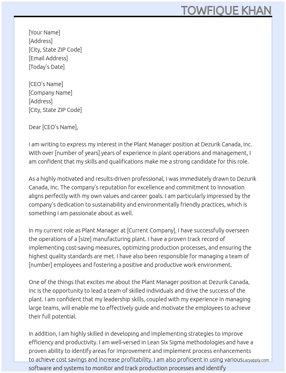 Plant Manager At Dezurik Canada, Inc Cover Letter
