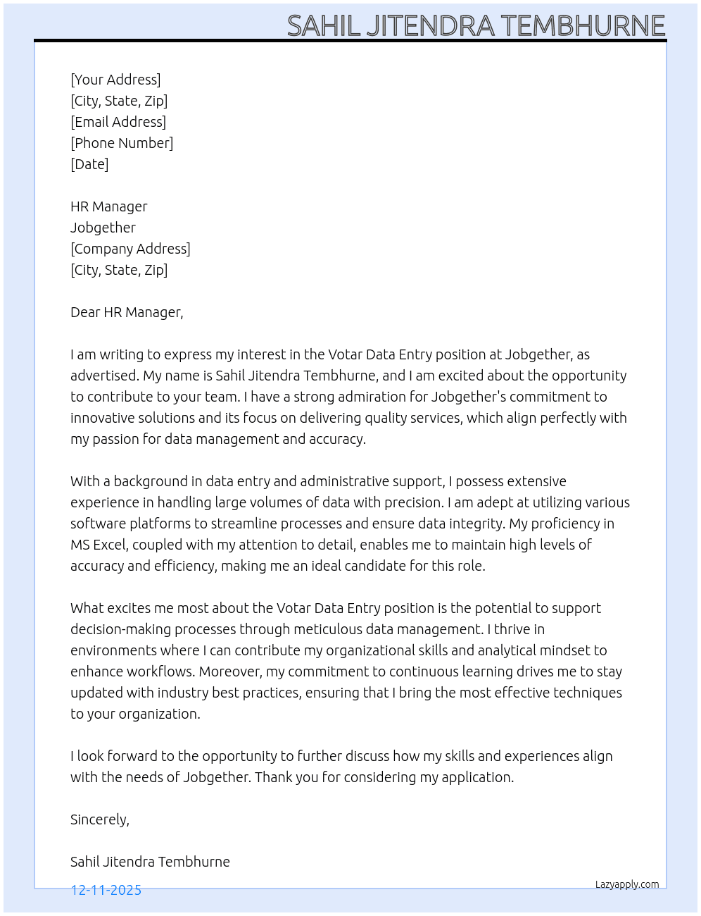 Votar Data Entry At Jobgether Cover Letter
