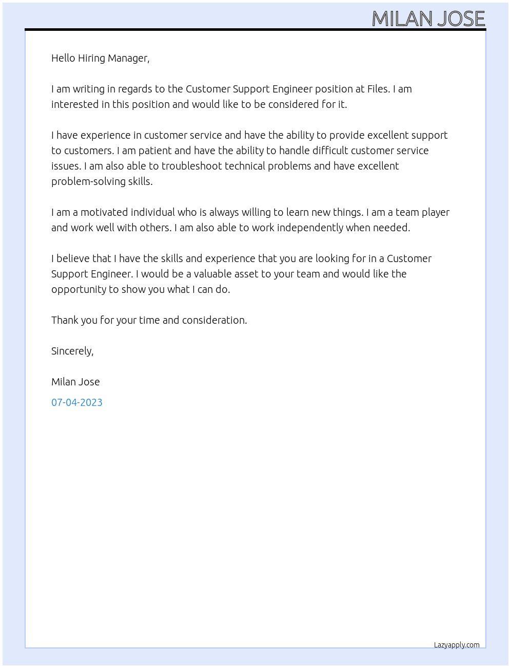 Customer Support Engineer  At Files  Cover Letter