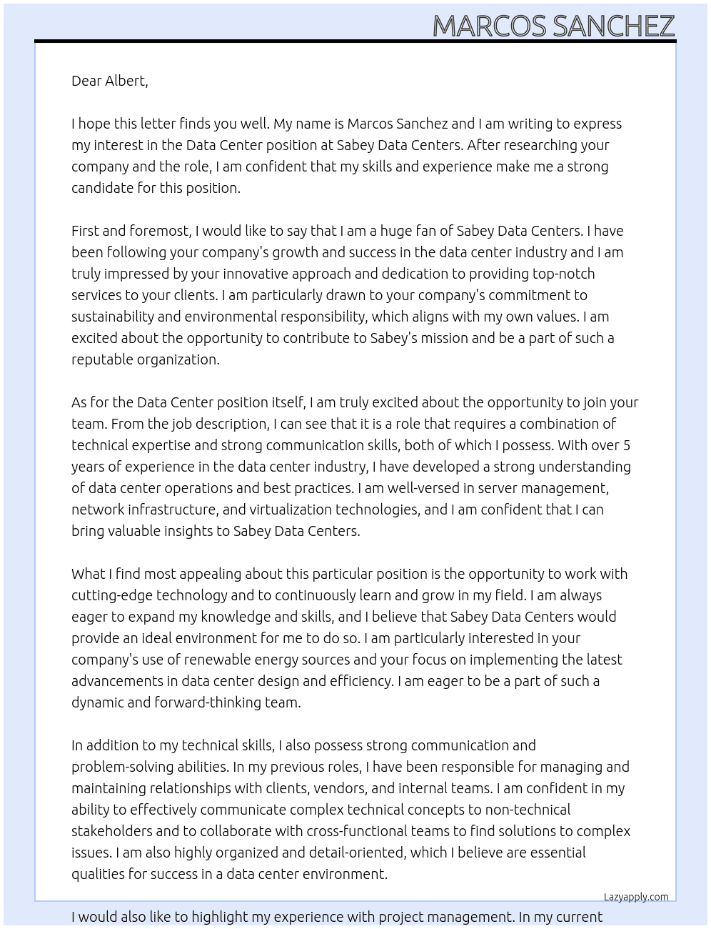 Data Center At Sabey Data Centers Cover Letter