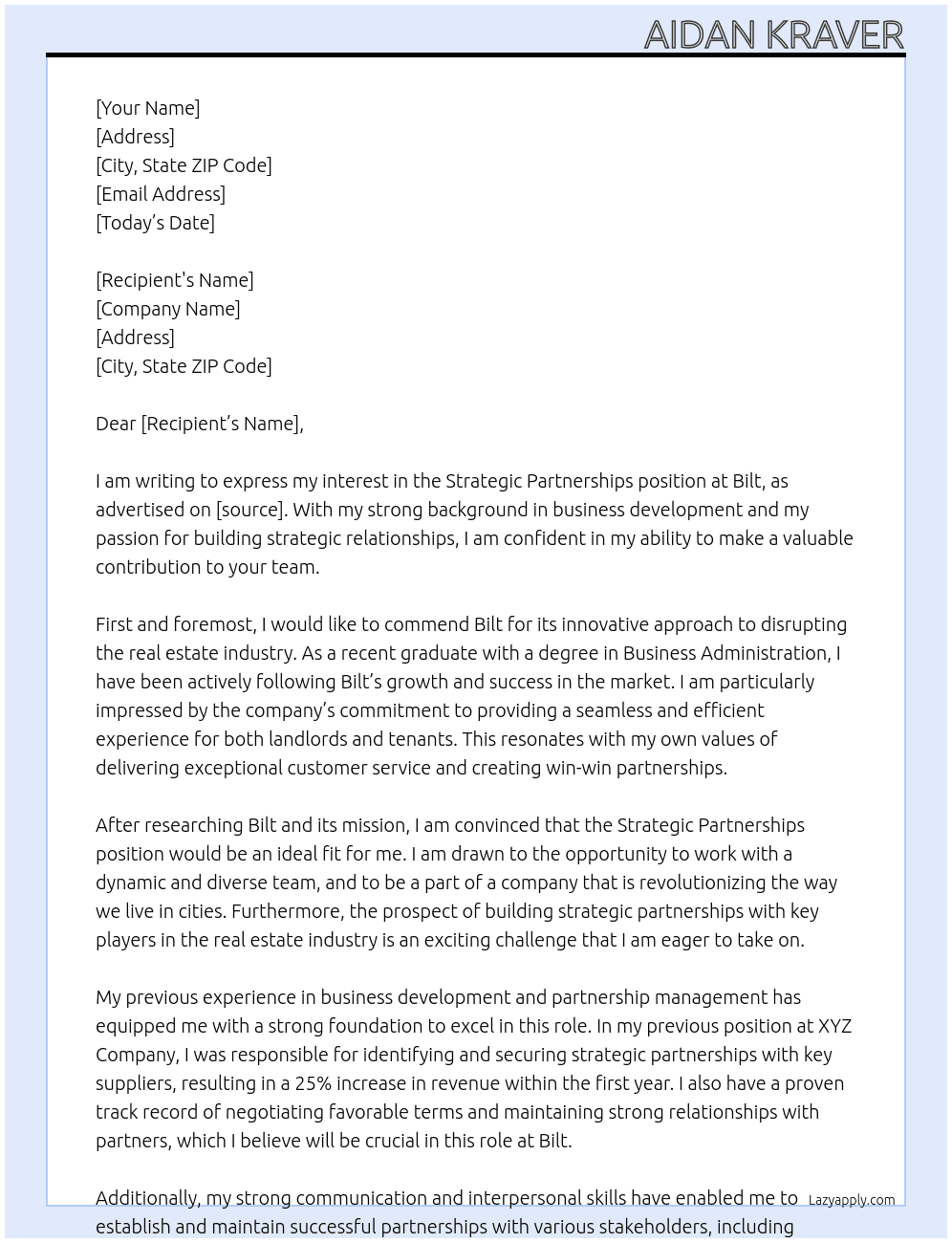 Strategic Partnerships At Bilt Cover Letter