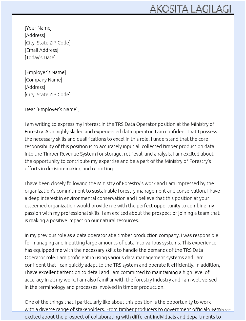 TRS Data Operator At Ministry of Forestry  Cover Letter