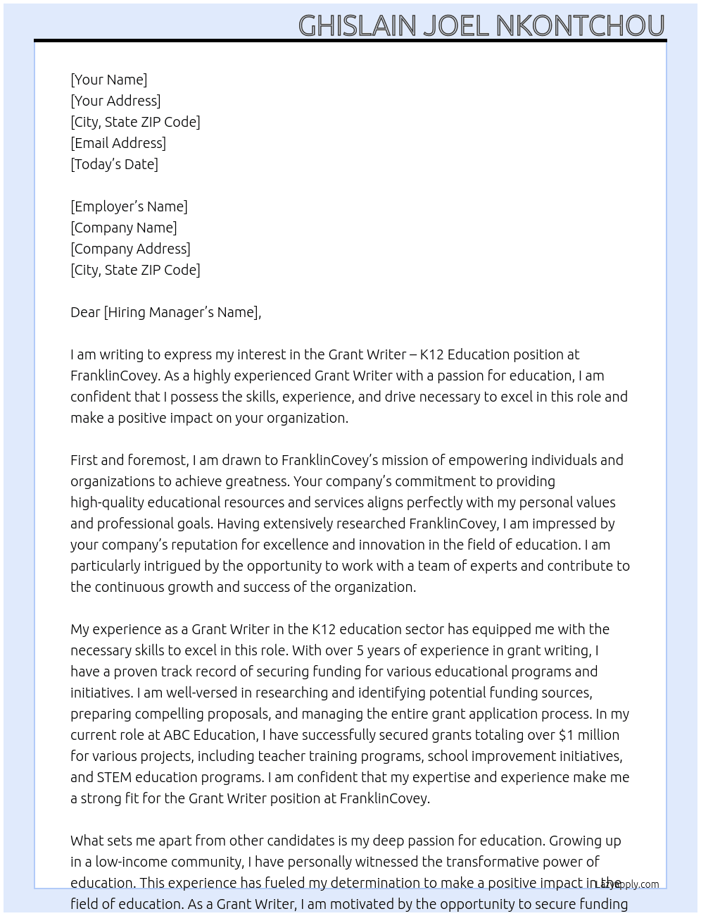 Cover letter for grant writer - k12 education - LazyApply