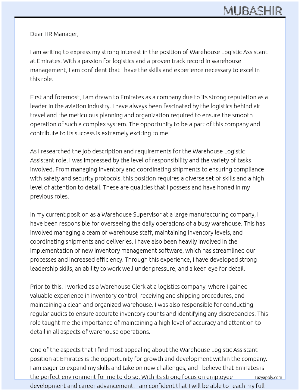 Cover letter for warehouse logistic assistant - LazyApply