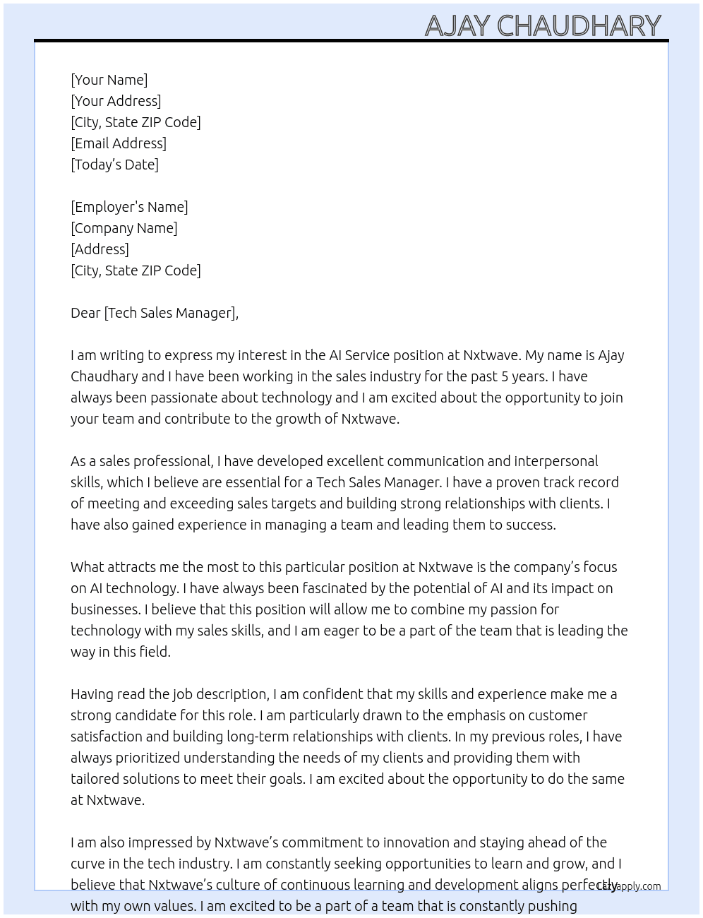AI sarvice  At Nxtwave  Cover Letter