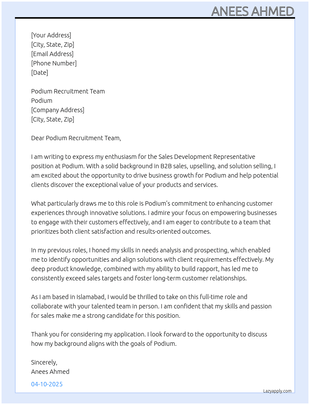 Sales Development Representative At Podium Cover Letter