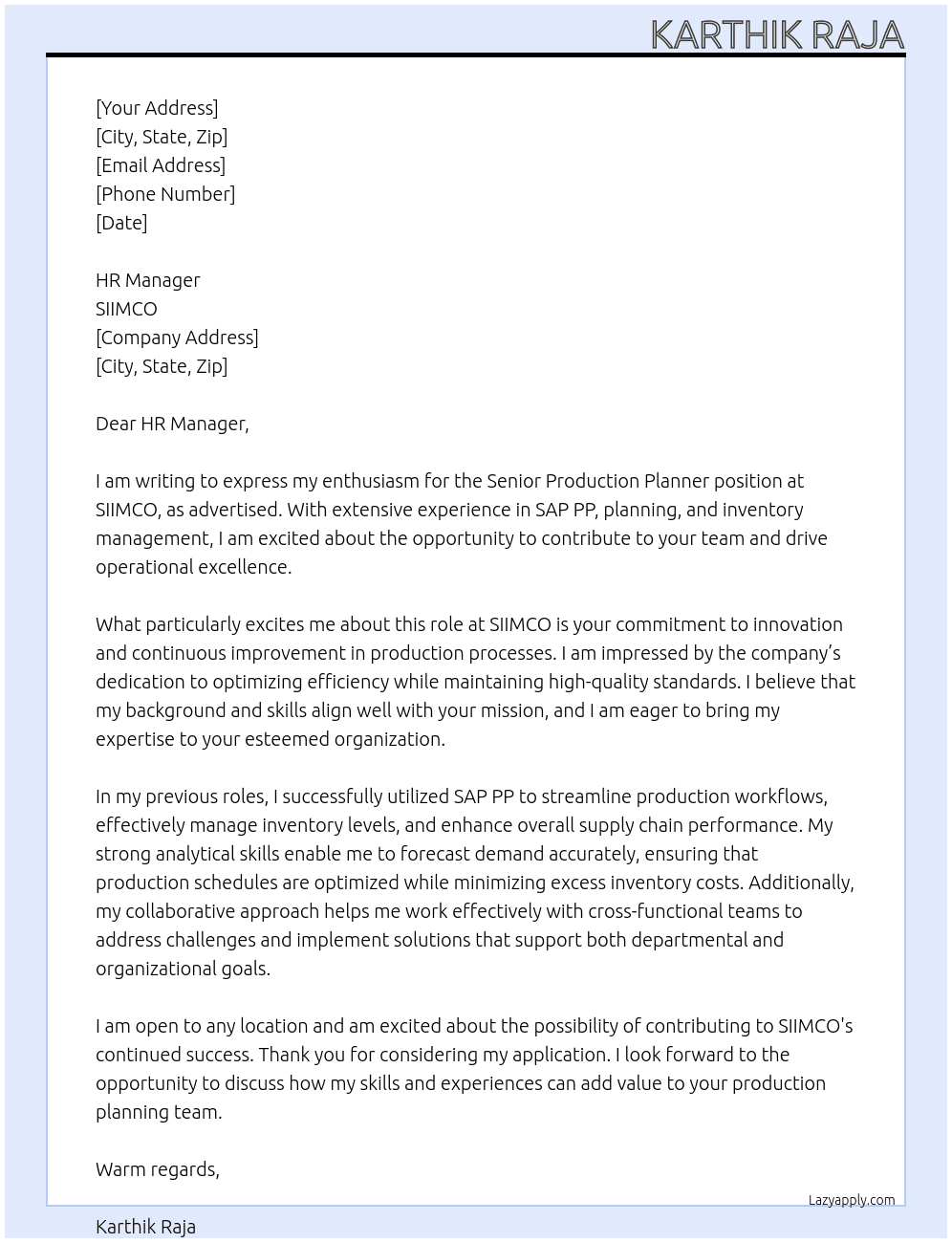 senior production planner At SIIMCO Cover Letter