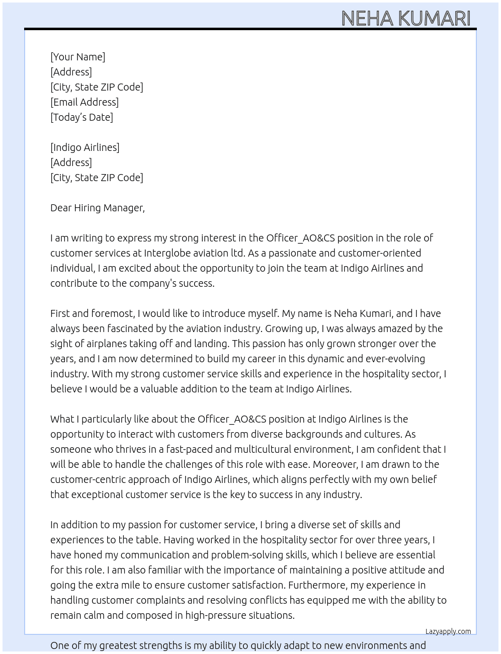 Cover letter for officer _ao&cs in the role of  customer  services - LazyApply