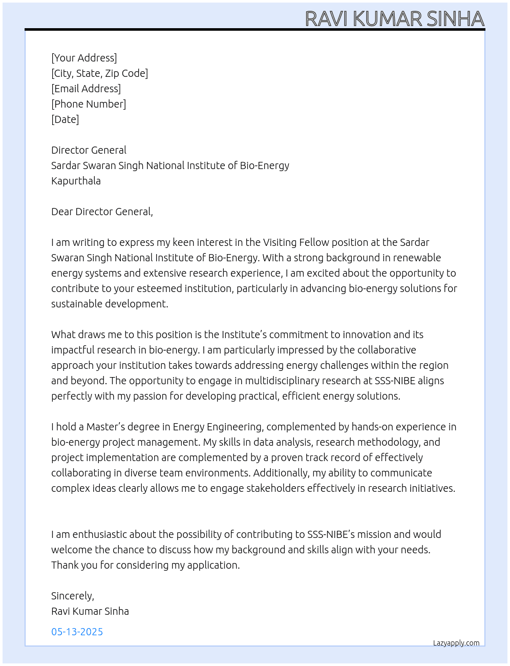 Cover letter for visiting fellow - LazyApply