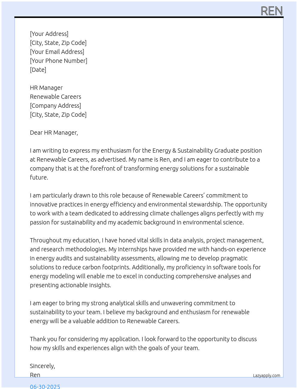 Energy & Sustainability graduate  At Renewable Careers Cover Letter