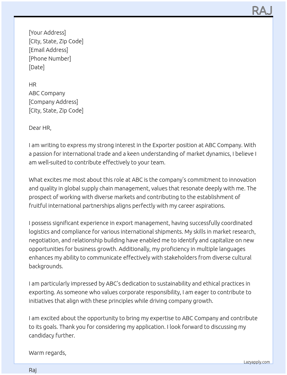 Cover letter for exporter - LazyApply
