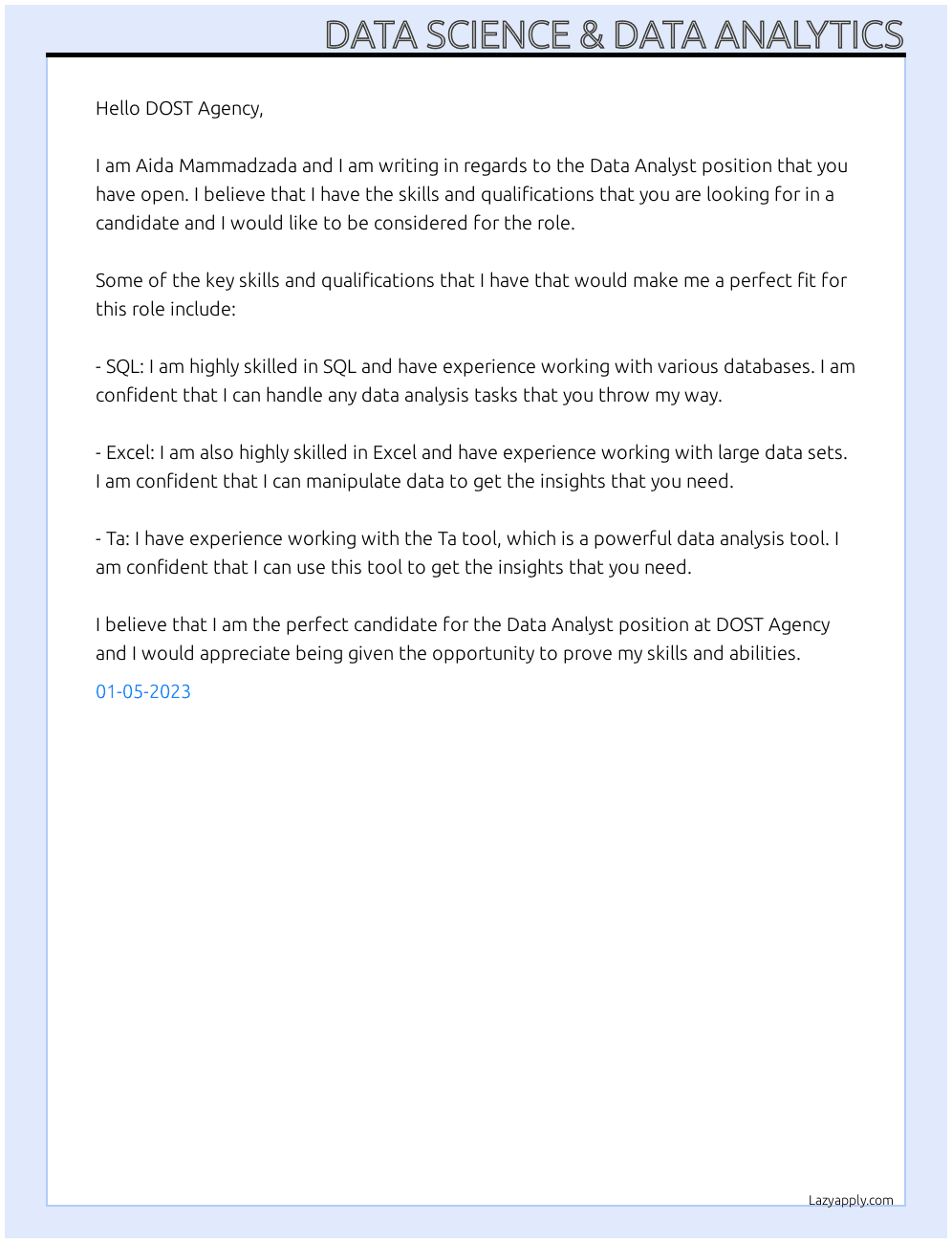 data science & data analytics cover letter