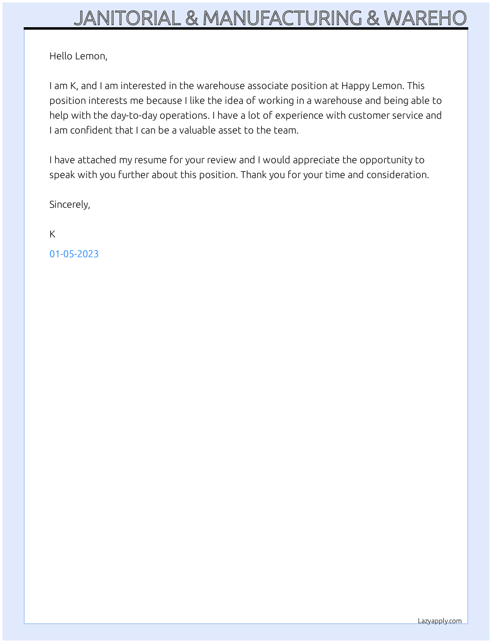 janitorial & manufacturing & warehousing cover letter