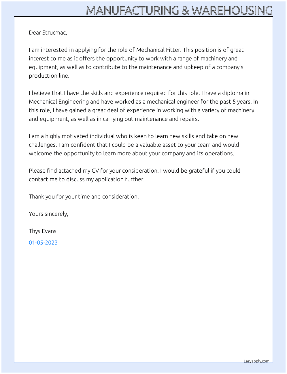 manufacturing & warehousing cover letter