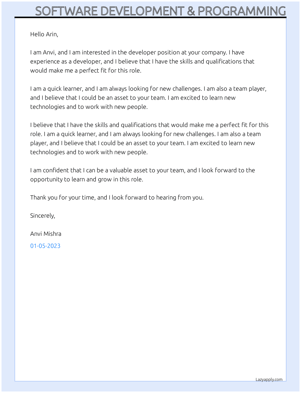 software development & programming cover letter