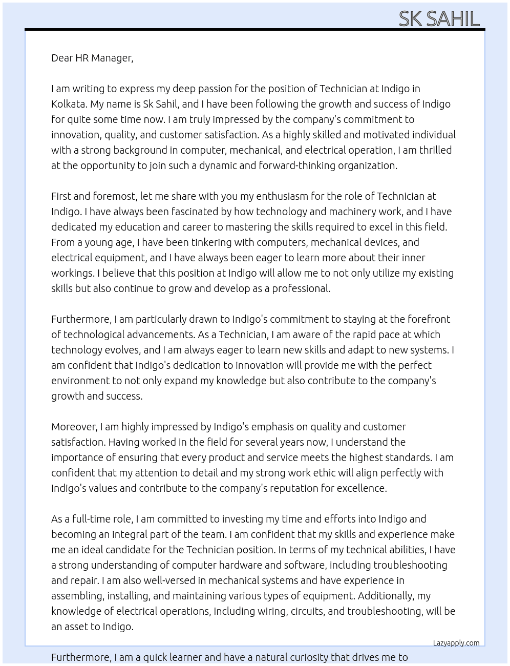Technician At Indigo Cover Letter