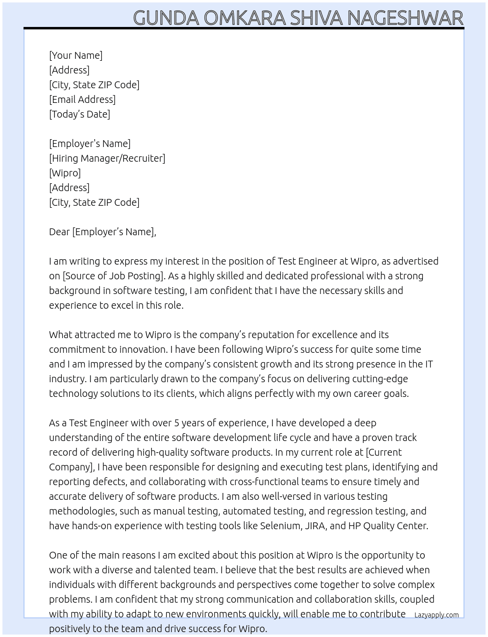 test engineer At wipro Cover Letter