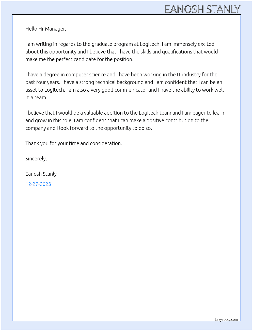 Graduate program At Logitech Cover Letter