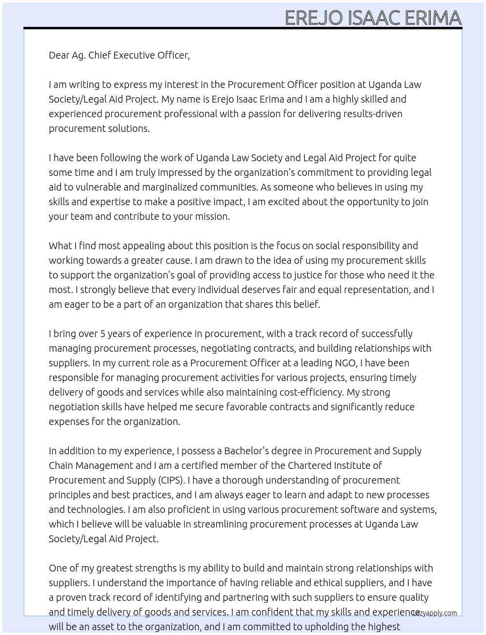 Procurement officer At Uganda law society / Legal Aid Project Cover Letter