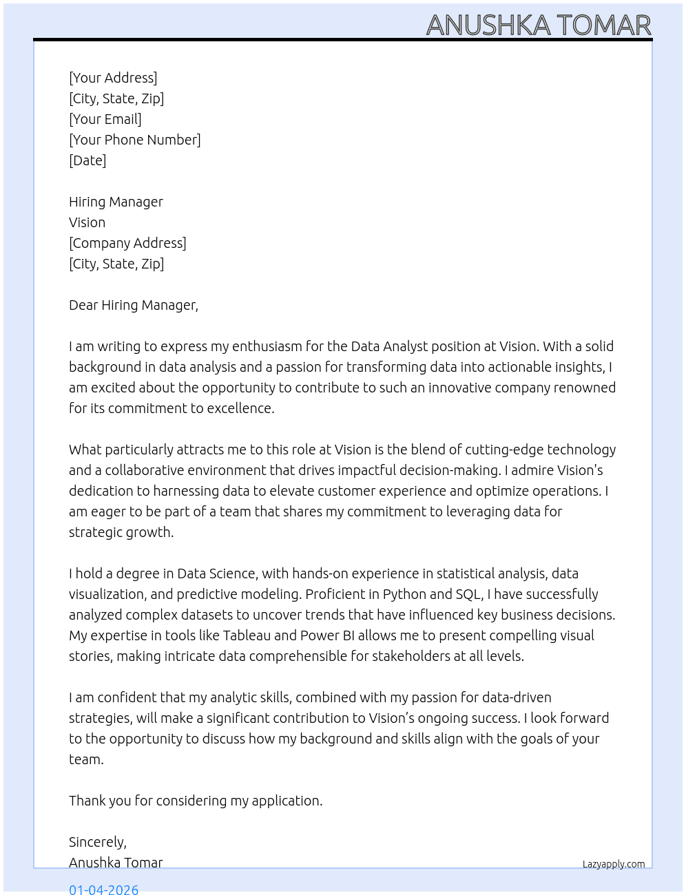 Data analyst At Vision Cover Letter