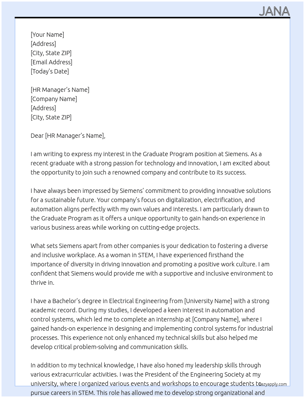 graduate program At siemens Cover Letter