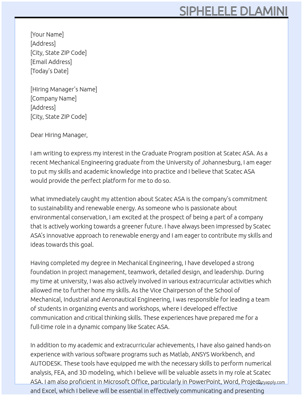 Graduate program At Scatec ASA Cover Letter