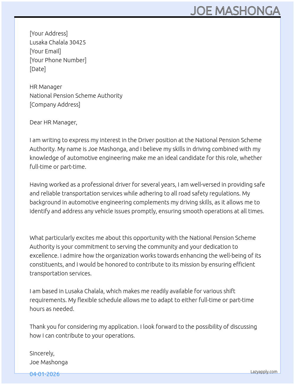 Driver At National pension scheme authority Cover Letter
