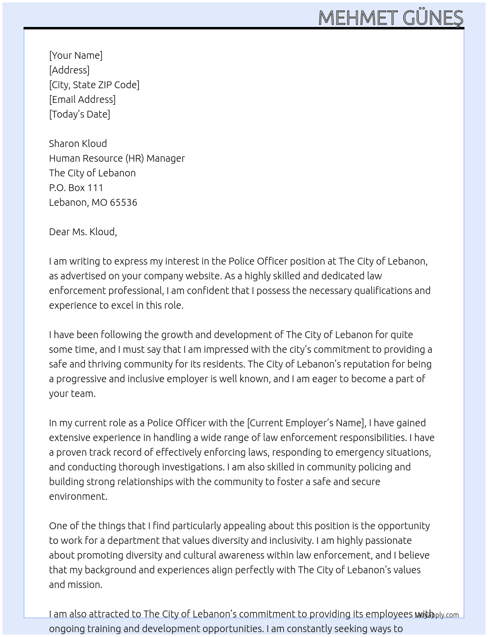 Police Officer At The City of Lebanon Cover Letter