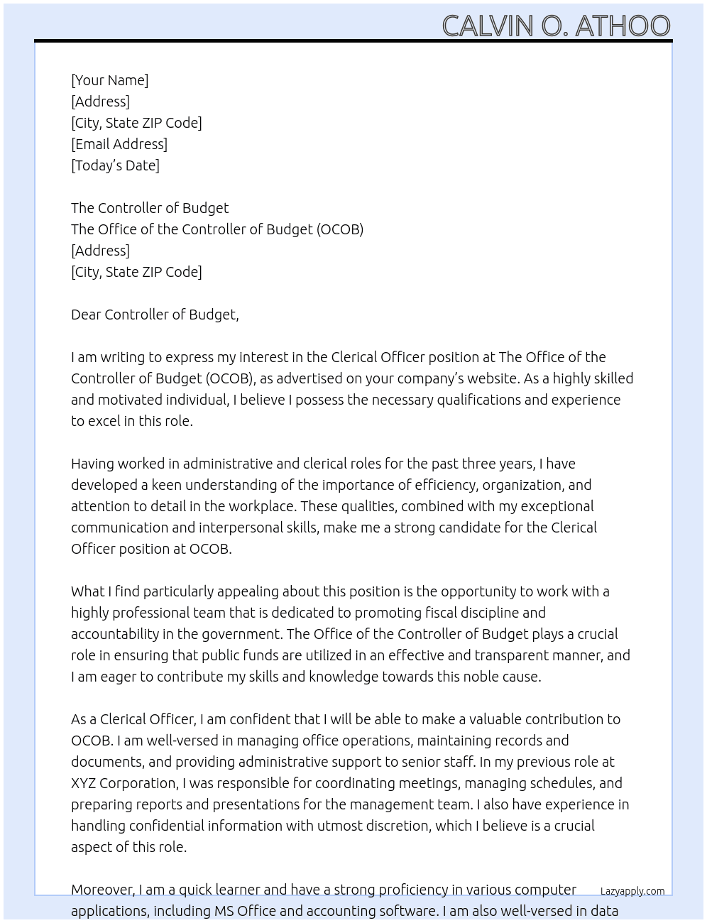Clerical Officer At The Office of the Controller of Budget (OCOB) Cover Letter