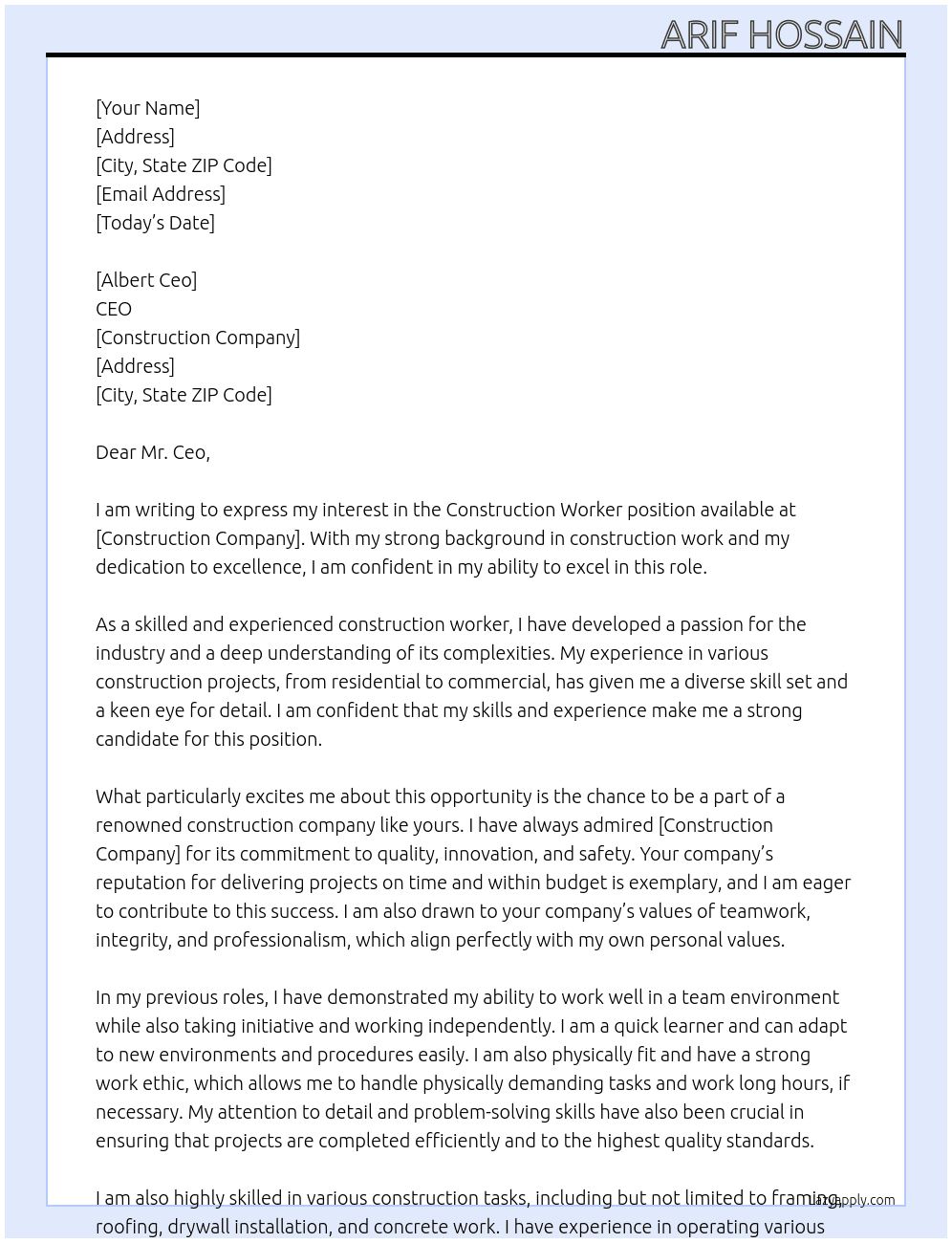 Construction Worker At Construction company Cover Letter