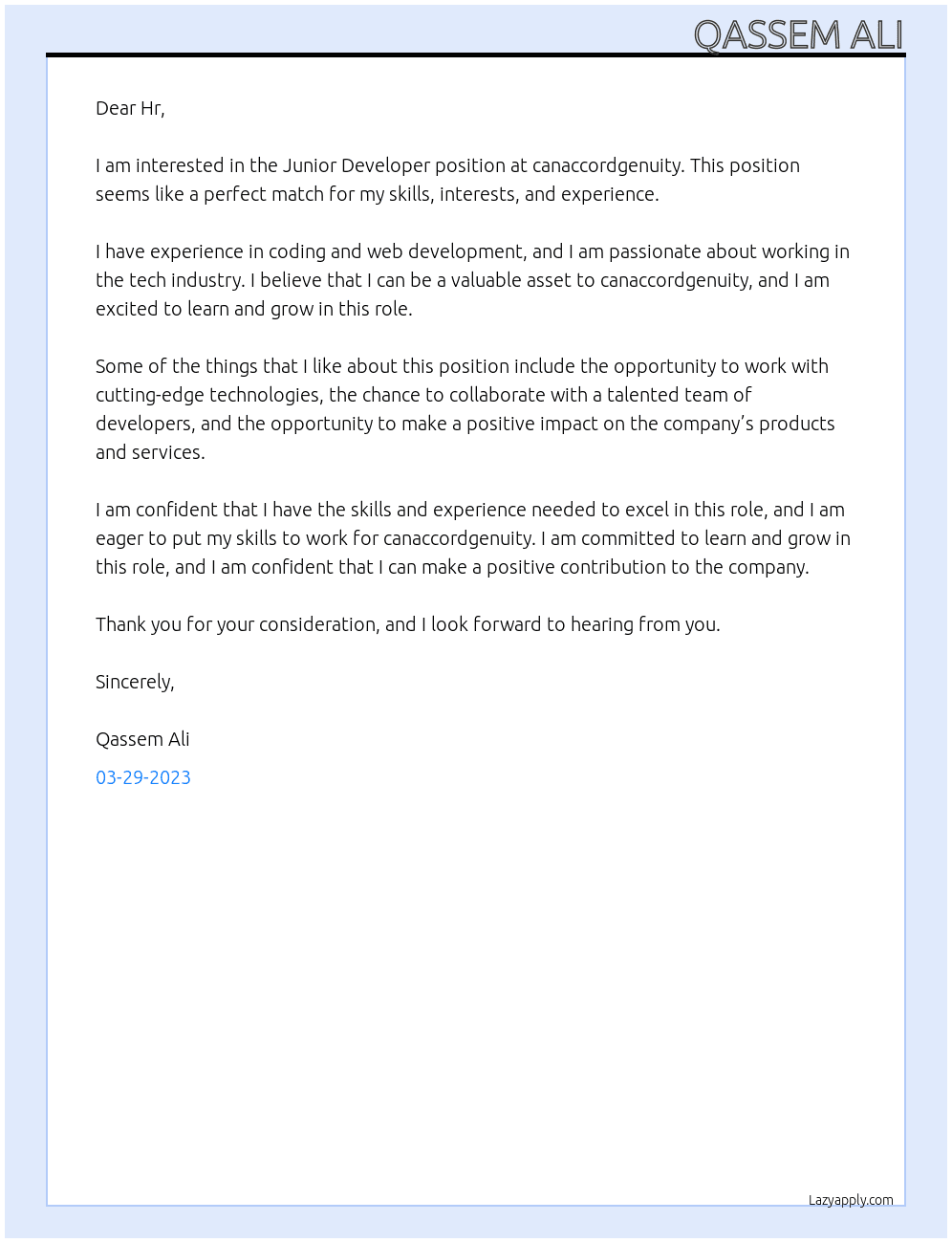 Junior Developer At canaccordgenuity Cover Letter