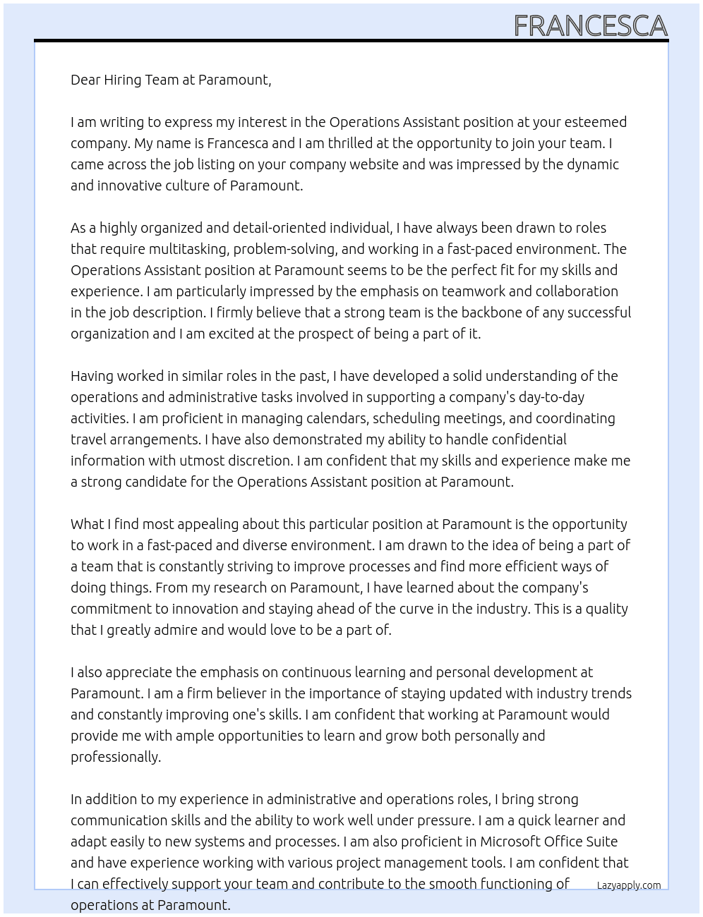 Operations Assistant At Paramount Cover Letter